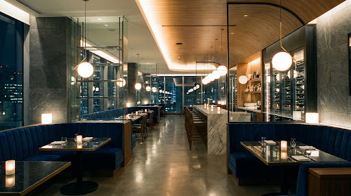Upscale restaurant interior at night