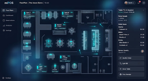 miPOS floor plan screen showing live table status